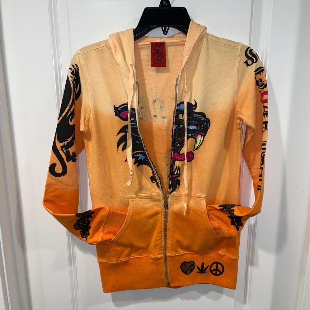 A &G AMAL GUESSOUS Full Zip Hoodie size S Heart N Soul Print Everywhere Orange